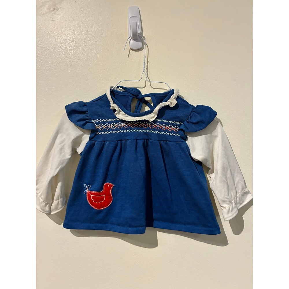 Vintage Tog-a-Longs Baby Girls Smocked Bird Top Blue White 18 Months